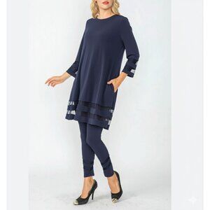 IC Collection by Connie Navy Soft Knit Mesh Trim Tunic Top Pants Outfit Set S